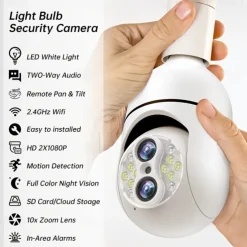 Upgraded Dual Lens 10XHybrid Zoom Light Bulb Security Camera WIFI 360 Auto Tracking Security Camera Color Night Vision Siren& Light Alarm PTZ IP Camera For Home Security