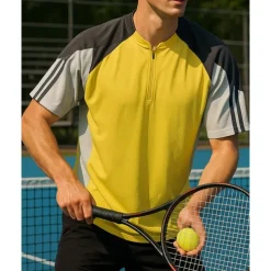 US Open Men's Patchwork Sport Shirt Golf Polo Shirt Tennis Shirt Tennis Tee Short Sleeves Front Zip Sweat-Wicking Moisture Wicking Breathable Tennis Golf Pickleball Yellow Blue Dark Gray Tennis