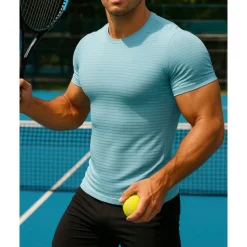 US Open Men's Solid Colored Sport Shirt Tennis Shirt Tennis Tee Short Sleeves Reflective Strip Sweat-Wicking Moisture Wicking Breathable Tennis Golf Pickleball Crew Neck Black Blue Light Blue Tennis