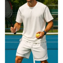 US Open Men's Sports Set Shirts & Shorts Tennis Set Two-piece Suit Short Sleeves Contrast Binding Sweat-Wicking Moisture Wicking Breathable Tennis Golf Pickleball Top Bottoms Black White Brown Tennis