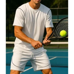 US Open Men's Sports Set Shirts & Shorts Tennis Set Two-piece Suit Short Sleeves Contrast Binding Sweat-Wicking Moisture Wicking Breathable Tennis Golf Pickleball Top Bottoms Black White Brown Tennis