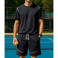 US Open Men's Sports Set Shirts & Shorts Tennis Set Two-piece Suit Short Sleeves Contrast Binding Sweat-Wicking Moisture Wicking Breathable Tennis Golf Pickleball Top Bottoms Black White Brown Tennis