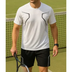 US Open Men's Tennis Tee Short Sleeves Contrast Binding Sweat-Wicking Moisture Wicking Breathable Tennis Golf Pickleball Crew Neck Black White Tennis Clothing