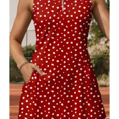 US Open Women's Dot Tennis Dress Sports Dress Sleeveless Print Breathable Tennis Golf Badminton Polo Collar Zip Collar Dress Red Tennis Clothing