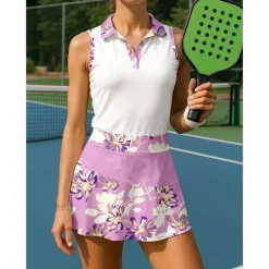 US Open Women's Floral Sports Set Tennis Set Tennis Skirts Tennis Shirt 2 Pieces Sleeveless Patchwork Print Breathable Tennis Golf Badminton Turndown Skirt Pink Blue Purple Tennis Clothing