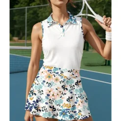 US Open Women's Floral Sports Set Tennis Set Tennis Skirts Tennis Shirt 2 Pieces Sleeveless Patchwork Print Breathable Tennis Golf Badminton Turndown Skirt Blue Tennis Clothing