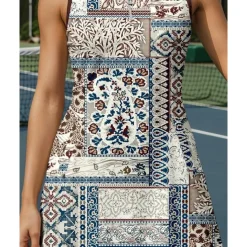 US Open Women's Floral Tennis Dress Sports Dress Sleeveless Print Breathable Tennis Golf Badminton Polo Collar Zip Collar Dress Coffee Tennis Clothing