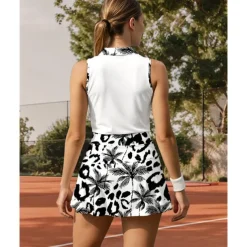 US Open Women's Leopard Trees / Leaves Sports Set Tennis Set Tennis Skirts Tennis Shirt 2 Pieces Sleeveless Patchwork Print Breathable Volleyball Tennis Golf Turndown Skirt Dress Black Tennis Clothing
