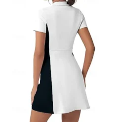 US Open Women's Patchwork Tennis Dress Short Sleeve Zipper Pocket Contrast Binding Breathable Tennis Pickleball Polo Collar Dress Black White Dark Navy Tennis Clothing