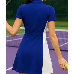 US Open Women's Patchwork Tennis Dress Short Sleeve Zipper Pocket Contrast Binding Breathable Tennis Pickleball Polo Collar Dress Black White Dark Navy Tennis Clothing