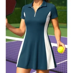 US Open Women's Patchwork Tennis Dress Short Sleeve Zipper Pocket Contrast Binding Breathable Tennis Pickleball Polo Collar Dress Black White Dark Navy Tennis Clothing