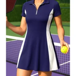 US Open Women's Patchwork Tennis Dress Short Sleeve Zipper Pocket Contrast Binding Breathable Tennis Pickleball Polo Collar Dress Black White Dark Navy Tennis Clothing