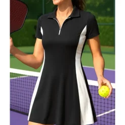 US Open Women's Patchwork Tennis Dress Short Sleeve Zipper Pocket Contrast Binding Breathable Tennis Pickleball Polo Collar Dress Black White Dark Navy Tennis Clothing