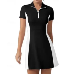 US Open Women's Patchwork Tennis Dress Short Sleeve Zipper Pocket Contrast Binding Breathable Tennis Pickleball Polo Collar Dress Black White Dark Navy Tennis Clothing