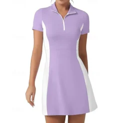 US Open Women's Patchwork Tennis Dress Short Sleeve Zipper Pocket Contrast Binding Breathable Tennis Pickleball Polo Collar Dress Black White Dark Navy Tennis Clothing