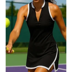 US Open Women's Patchwork Tennis Dress Sleeveless Contrast Binding Split Breathable Tennis Pickleball Yoga V Neck Dress Black White Red Tennis Clothing