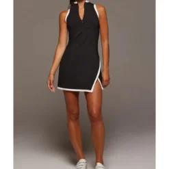 US Open Women's Patchwork Tennis Dress Sleeveless Contrast Binding Split Breathable Tennis Pickleball Yoga V Neck Dress Black White Red Tennis Clothing
