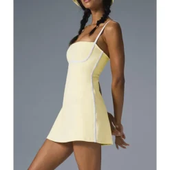 US Open Women's Patchwork Tennis Dress with Built in Shorts and Bra Sports Dress Sleeveless Contrast Binding Breathable Tennis Pickleball Strap Dress Black Yellow Dark Navy Tennis Clothing