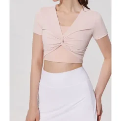 US Open Women's Patchwork Tennis Top Short Sleeve Ruched Knot Front Quick Dry Breathable Tennis Pickleball Running V Neck Top Black White Pink Tennis Clothing