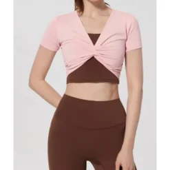 US Open Women's Patchwork Tennis Top Short Sleeve Ruched Knot Front Quick Dry Breathable Tennis Pickleball Running V Neck Top Black White Pink Tennis Clothing