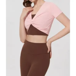 US Open Women's Patchwork Tennis Top Short Sleeve Ruched Knot Front Quick Dry Breathable Tennis Pickleball Running V Neck Top Black White Pink Tennis Clothing