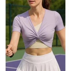 US Open Women's Patchwork Tennis Top Short Sleeve Ruched Knot Front Quick Dry Breathable Tennis Pickleball Running V Neck Top Black White Pink Tennis Clothing