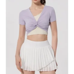 US Open Women's Patchwork Tennis Top Short Sleeve Ruched Knot Front Quick Dry Breathable Tennis Pickleball Running V Neck Top Black White Pink Tennis Clothing