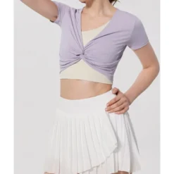 US Open Women's Patchwork Tennis Top Short Sleeve Ruched Knot Front Quick Dry Breathable Tennis Pickleball Running V Neck Top Black White Pink Tennis Clothing