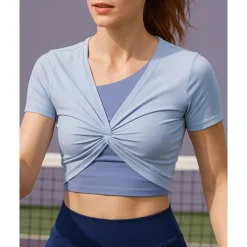 US Open Women's Patchwork Tennis Top Short Sleeve Ruched Knot Front Quick Dry Breathable Tennis Pickleball Running V Neck Top Black White Pink Tennis Clothing