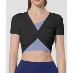 US Open Women's Patchwork Tennis Top Short Sleeve Ruched Knot Front Quick Dry Breathable Tennis Pickleball Running V Neck Top Black White Pink Tennis Clothing