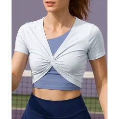 US Open Women's Patchwork Tennis Top Short Sleeve Ruched Knot Front Quick Dry Breathable Tennis Pickleball Running V Neck Top Black White Pink Tennis Clothing