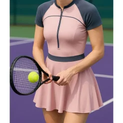 US Open Women's Patchwork Tennis Dress Short Sleeve Pleated Zipper Contrast Binding Breathable Tennis Pickleball Round Neck Dress Black Pink Royal Blue Tennis Clothing
