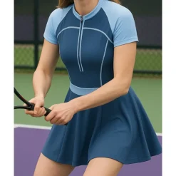 US Open Women's Patchwork Tennis Dress Short Sleeve Pleated Zipper Contrast Binding Breathable Tennis Pickleball Round Neck Dress Black Pink Royal Blue Tennis Clothing