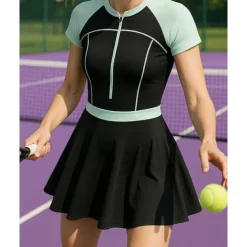 US Open Women's Patchwork Tennis Dress Short Sleeve Pleated Zipper Contrast Binding Breathable Tennis Pickleball Round Neck Dress Black Pink Royal Blue Tennis Clothing