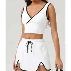 US Open Women's Patchwork Tennis Skirts with Shorts Tennis Top 1 set Sleeveless Drawstring Contrast Binding Breathable Tennis Golf Pickleball V Neck White Pink Dark Navy Tennis Clothing