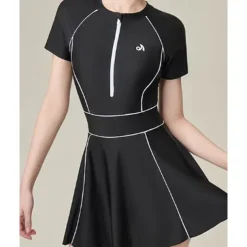 US Open Women's Patchwork Tennis Dress Short Sleeve Ruched Contrast Binding Breathable Tennis Pickleball Round Dress Black Green Tennis Clothing