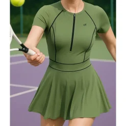 US Open Women's Patchwork Tennis Dress Short Sleeve Ruched Contrast Binding Breathable Tennis Pickleball Round Dress Black Green Tennis Clothing