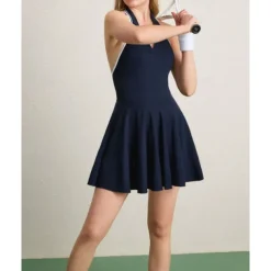 US Open Women's Patchwork Tennis Dress with Built in Shorts and Bra Sports Dress Sleeveless Pleated Breathable Tennis Golf Pickleball V Neck Open Back Dark Navy Tennis Clothing