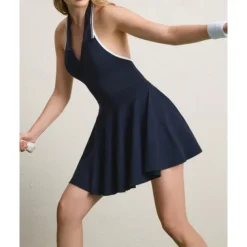 US Open Women's Patchwork Tennis Dress with Built in Shorts and Bra Sports Dress Sleeveless Pleated Breathable Tennis Golf Pickleball V Neck Open Back Dark Navy Tennis Clothing