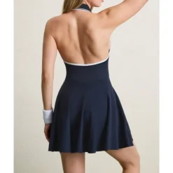 US Open Women's Patchwork Tennis Dress with Built in Shorts and Bra Sports Dress Sleeveless Pleated Breathable Tennis Golf Pickleball V Neck Open Back Dark Navy Tennis Clothing