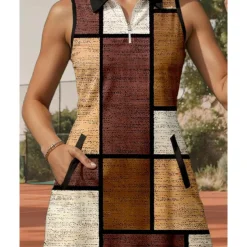 US Open Women's Plaid / Check Tennis Dress Sports Dress Sleeveless Print Breathable Tennis Golf Badminton Polo Collar Zip Collar Dress Brown Tennis Clothing