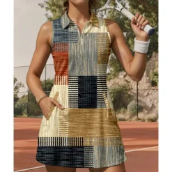 US Open Women's Plaid / Check Tennis Dress Sports Dress Sleeveless Print Breathable Tennis Golf Badminton Polo Collar Zip Collar Dress Khaki Tennis Clothing