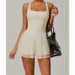 US Open Women's Solid Colored Tennis Dress with Built in Shorts and Bra Sports Dress Sleeveless Contrast Mesh Tennis Golf Pickleball U Neck Dress Black Cream Dark Navy Tennis Clothing