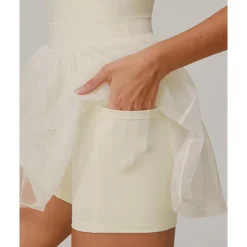 US Open Women's Solid Colored Tennis Dress with Built in Shorts and Bra Sports Dress Sleeveless Contrast Mesh Tennis Golf Pickleball U Neck Dress Black Cream Dark Navy Tennis Clothing