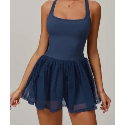 US Open Women's Solid Colored Tennis Dress with Built in Shorts and Bra Sports Dress Sleeveless Contrast Mesh Tennis Golf Pickleball U Neck Dress Black Cream Dark Navy Tennis Clothing