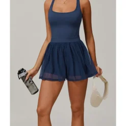 US Open Women's Solid Colored Tennis Dress with Built in Shorts and Bra Sports Dress Sleeveless Contrast Mesh Tennis Golf Pickleball U Neck Dress Black Cream Dark Navy Tennis Clothing