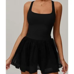 US Open Women's Solid Colored Tennis Dress with Built in Shorts and Bra Sports Dress Sleeveless Contrast Mesh Tennis Golf Pickleball U Neck Dress Black Cream Dark Navy Tennis Clothing