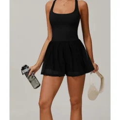 US Open Women's Solid Colored Tennis Dress with Built in Shorts and Bra Sports Dress Sleeveless Contrast Mesh Tennis Golf Pickleball U Neck Dress Black Cream Dark Navy Tennis Clothing