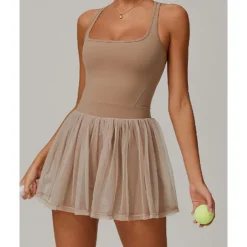 US Open Women's Solid Colored Tennis Dress with Built in Shorts and Bra Sports Dress Sleeveless Contrast Mesh Tennis Golf Pickleball U Neck Dress Black Cream Dark Navy Tennis Clothing