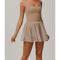 US Open Women's Solid Colored Tennis Dress with Built in Shorts and Bra Sports Dress Sleeveless Contrast Mesh Tennis Golf Pickleball U Neck Dress Black Cream Dark Navy Tennis Clothing